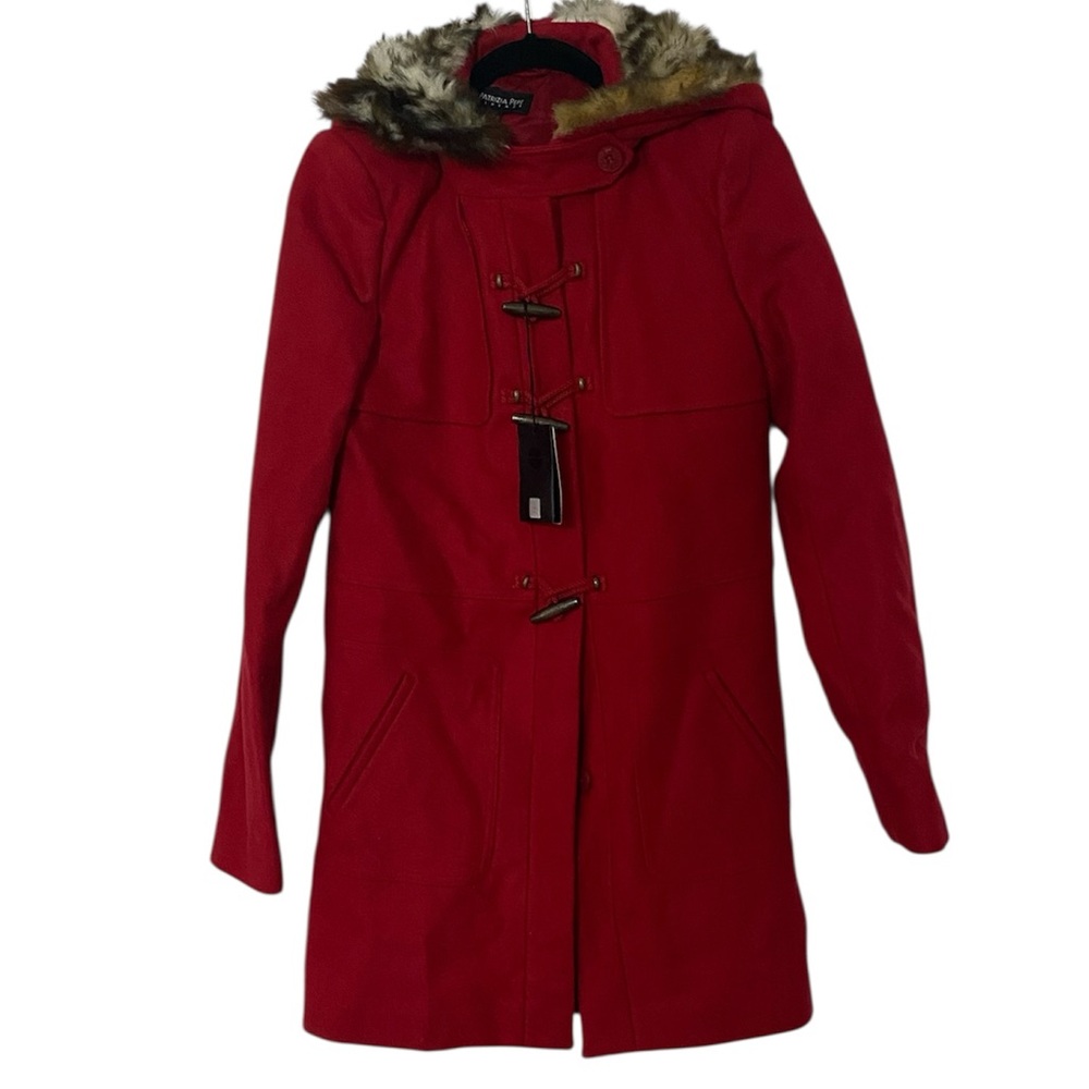 NWT PATRIZIA PEPE FIRENZE Wool Red Toggle Luxury Coat Faux Fur Hood 44 US 8